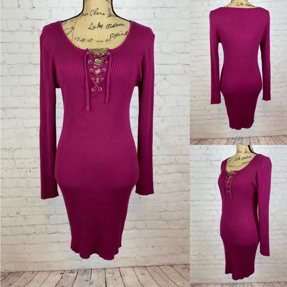Hippie Rose Wine Ribbed Knit Lace Up Sweater Dress - Picture 1 of 1